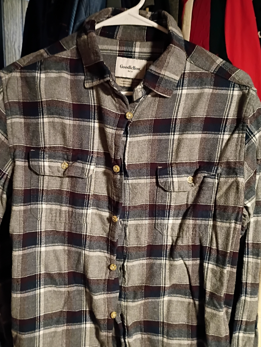 Goodfellow & Co Men's Gray and Navy Plaid Button-Down Shirt